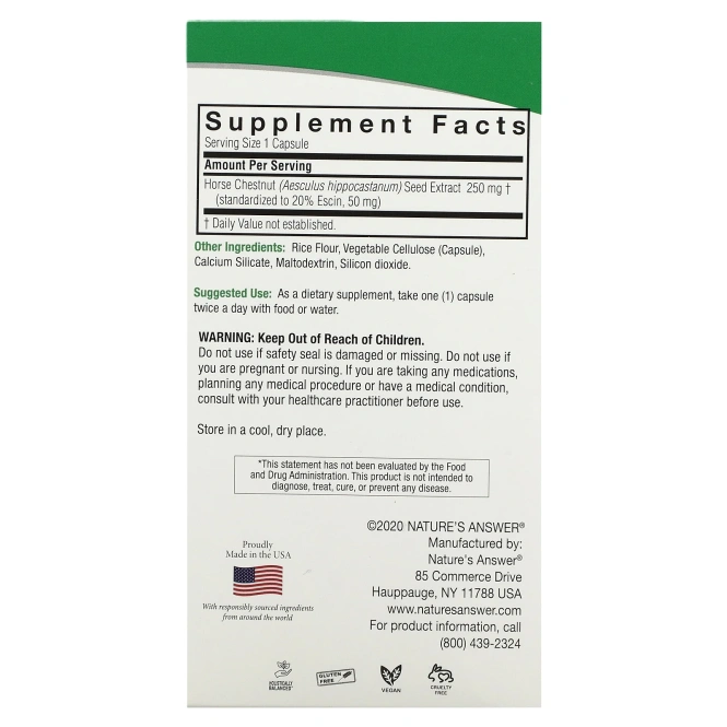 Nature's Answer, Конский каштан, 250 мг, 90 растительных капсул