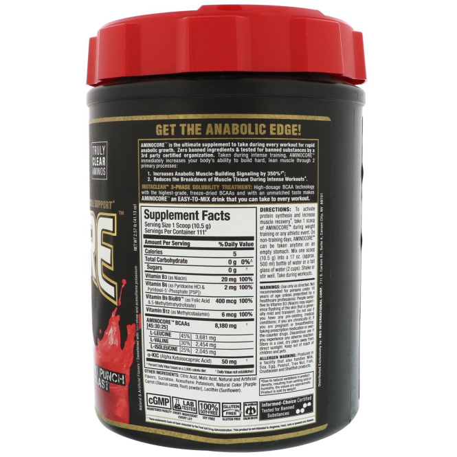 ALLMAX Nutrition, AMINOCORE, BCAA, 8G BCAAs, 100% Pure 45:30:25 Ratio, Gluten Free, Fruit Punch Blast, 2.57 lbs. (1166 g)