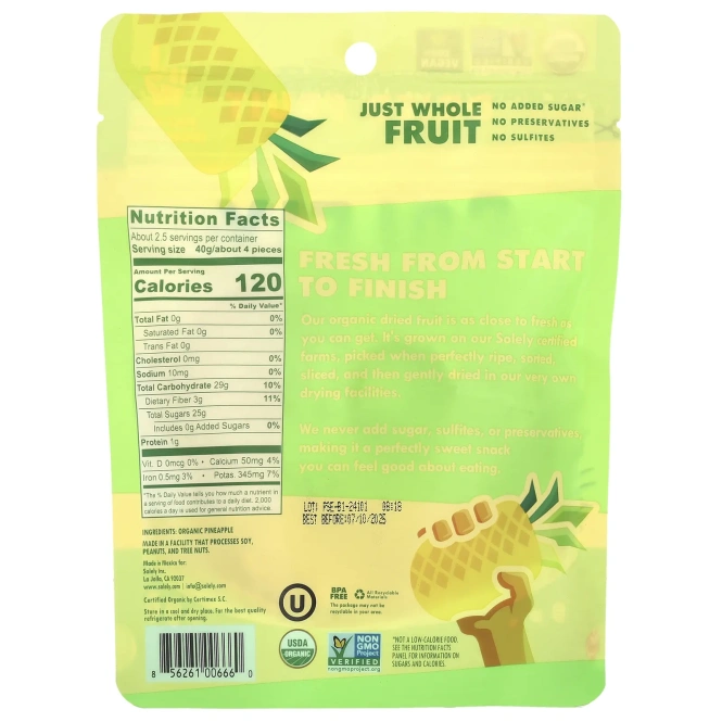 Solely, Органические сухофрукты, ананасовые кольца, 100 г (3,5 унции)