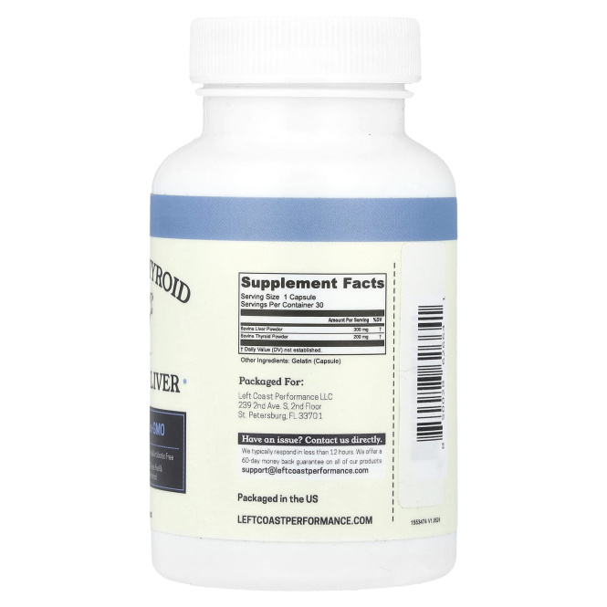 Left Coast Performance, Щитовидная железа крупного рогатого скота с говяжьей печенью, 30 капсул