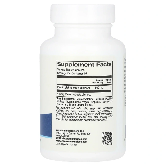 Lake Avenue Nutrition, ПЭА (пальмитоилэтаноламид), 300 мг, 30 растительных капсул