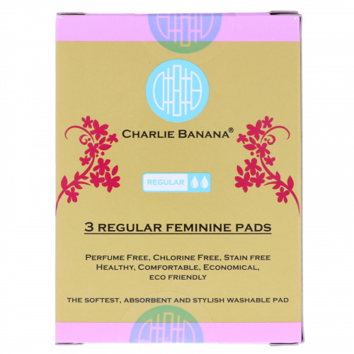 Charlie Banana, Regular Feminine Pads, Black, 3 Pads + 1 Tote Bag