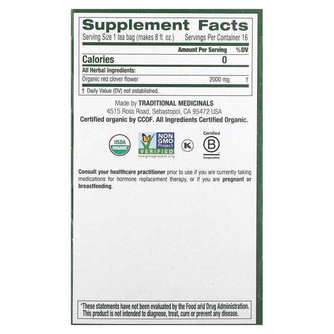 Traditional Medicinals, Органический травяной чай Красный Клевер 16 шт.