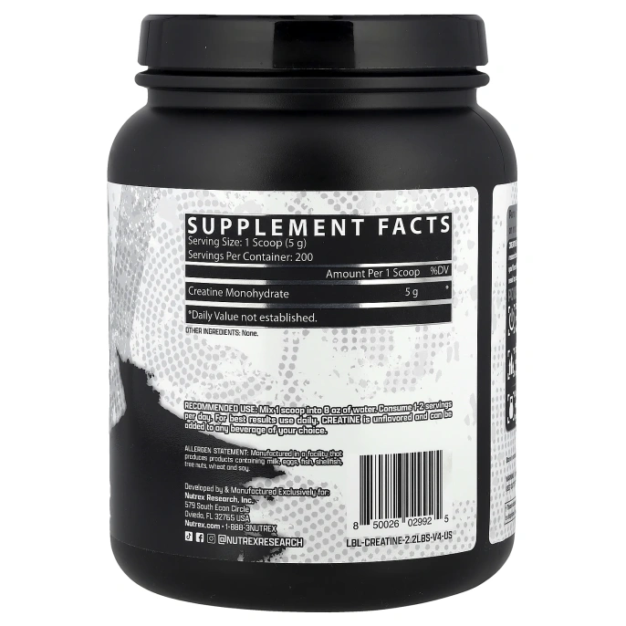 Nutrex Research, Моногидрат креатина, без добавок, 1000 г (2,2 фунта)