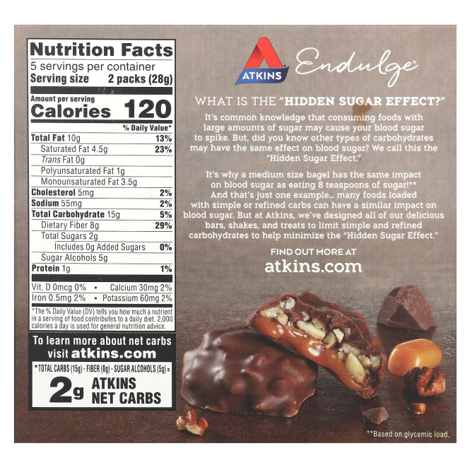 Atkins, Endulge, пекан с карамелью, 10 пакетиков по 14 г (0,49 унции)