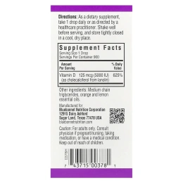 Bluebonnet Nutrition Витамин D3 5000 МЕ в каплях с цитрусовым вкусом,1 жидкая унция (30 мл)