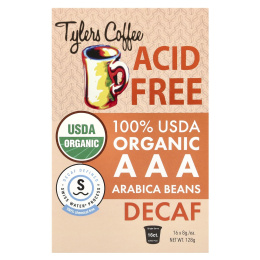 Tylers Coffees, Бескислотный органический кофе без кофеина, 16 порционных кофейных капсул, по 8 г