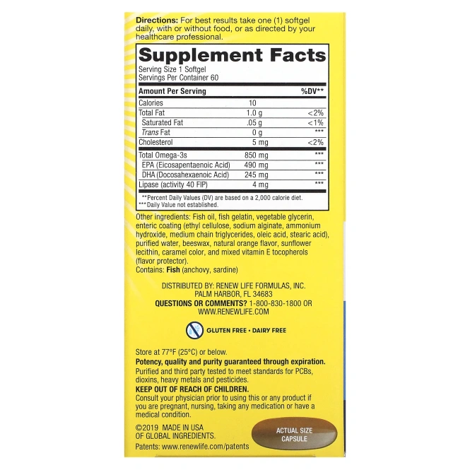 Renew Life, Critical Omega, Ultra-Concentrated, Natural Orange Flavor, 60 Enteric-Coated Softgels