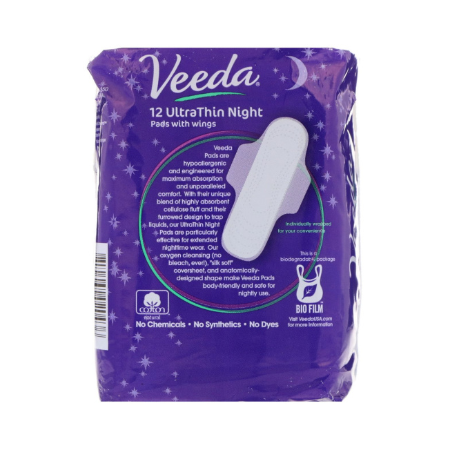 Veeda, Natural Cotton Pads with Wings, Ultra Thin, Night, 12 Pads