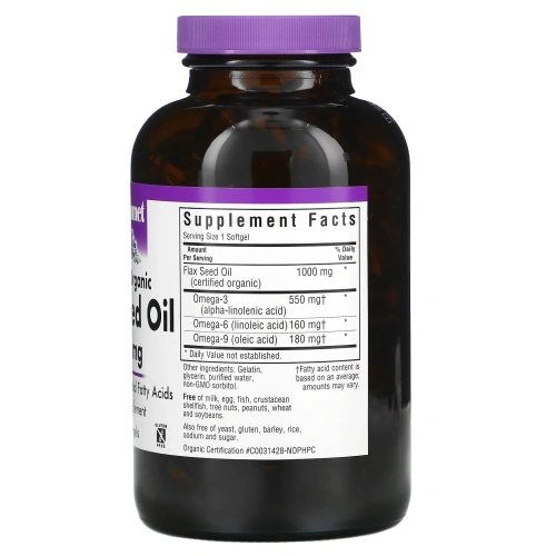 Bluebonnet Nutrition, Льняное масло, сертифицированное органическое, 1000 мг, 250 желатиновых капсул