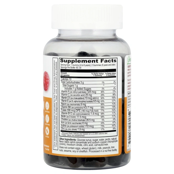 Lifeable, Мультивитамины с железом для детей, малина, 60 жевательных таблеток