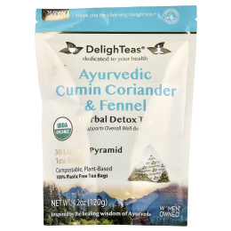 DelighTeas, Ayurvedic Cumin, Coriander & Fennel, травяной чай для выведения токсинов, без кофеина, 30 роскошных чайных пакетиков Pyramid, 120 г (4,2 унции)