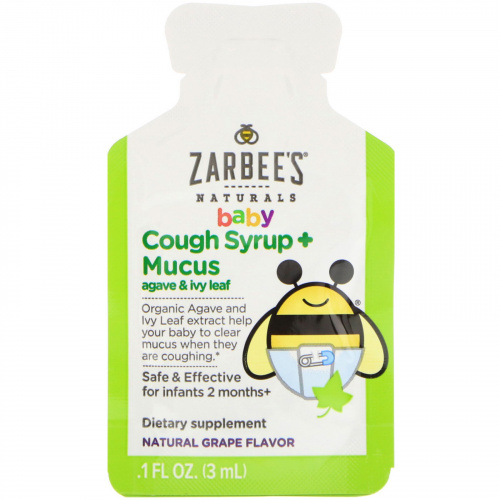 Zarbee's, Baby Cough Syrup + Mucus with Organic Agave and Ivy Leaf, On-the-Go, Natural Grape Flavor, 10 Single Serve Packs, 1.0 fl oz (30 ml) Each