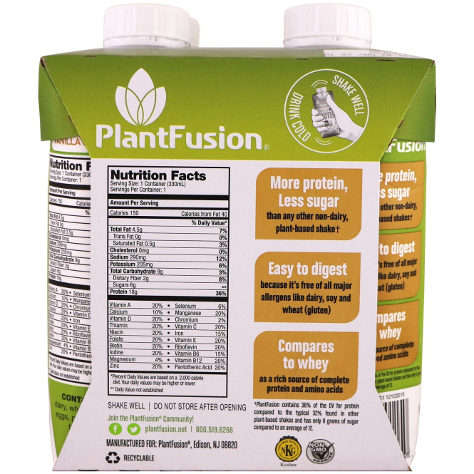 PlantFusion, Complete Plant Protein, Vanilla Bean, 4 Pack, 11 fl oz (330 ml) Each