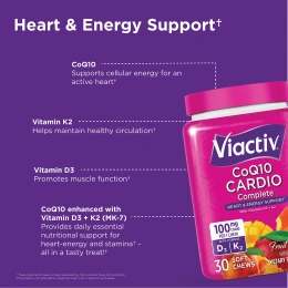 Viactiv, комплекс коэнзима Q10 для здоровья сердца с витаминами D3 и K2, фруктовый вкус, 30 жевательных таблеток