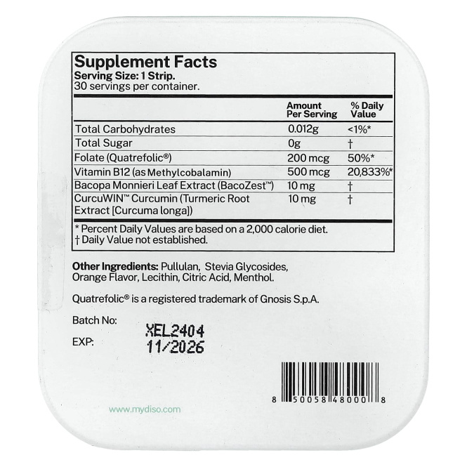 Diso, B12, апельсин и мята, 30 полосок для полости рта