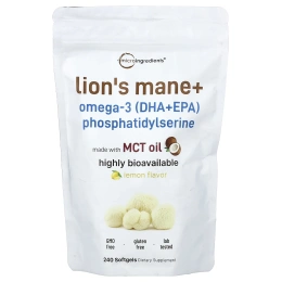 Micro Ingredients, ежовик гребенчатый с омега-3 (ДГК и ЭПК) фосфатидилсерином, лимон, 240 капсул