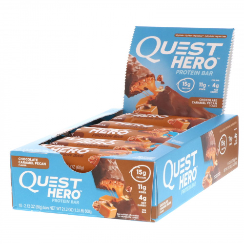 Quest Nutrition, Hero Протеиновый батончик, Шоколад, карамель, пекан, 10 батончиков, 2,12 унции (60 г) каждый