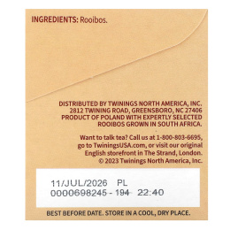 Twinings, чистый травяной чай, чистый красный чай ройбуш, без кофеина, 20 чайных пакетиков, 40 г (1,41 унции)