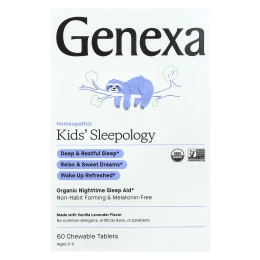 Genexa, Kid's Sleepology, органическая добавка для нормализации ночного сна, вкус ванили и лаванды, для детей от 3 лет, 60 жевательных таблеток