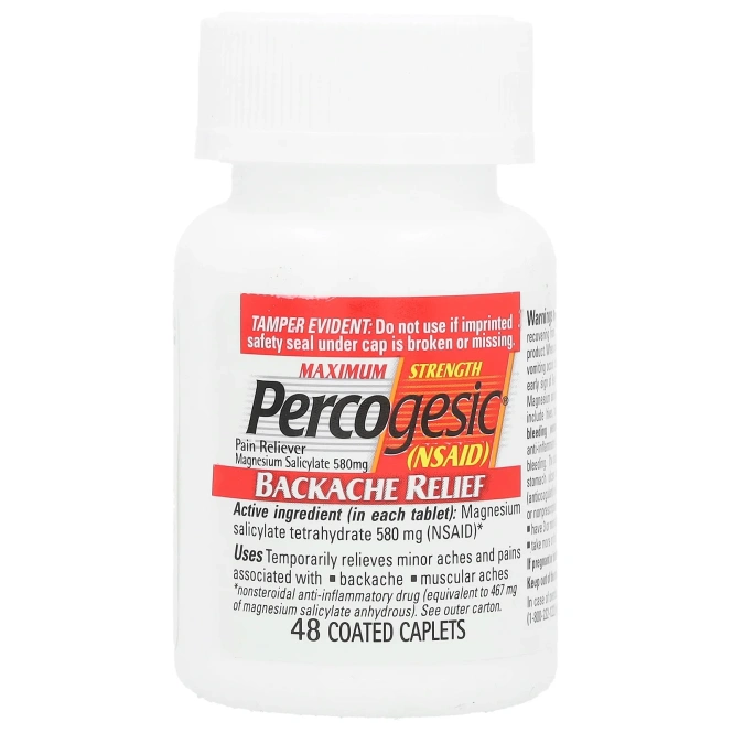 Percogesic, Обезболивающее для спины, максимальная эффективность, 580 мг, 48 капсул, покрытых оболочкой, которые легко глотать
