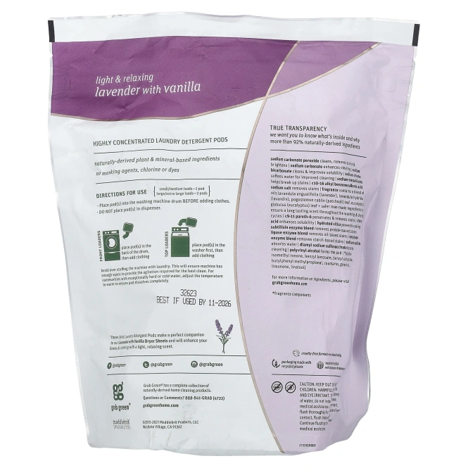 Grab Green, Капсулы стирального порошка «3-в-1», лаванда, 60 стирок, 2 фунта 6 унций (1080 г)