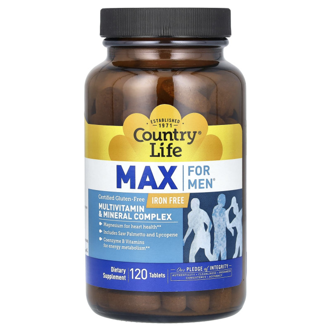 Country Life, Max for Men, мультивитаминный и минеральный комплекс для мужчин, не содержит железа, 120 таблеток