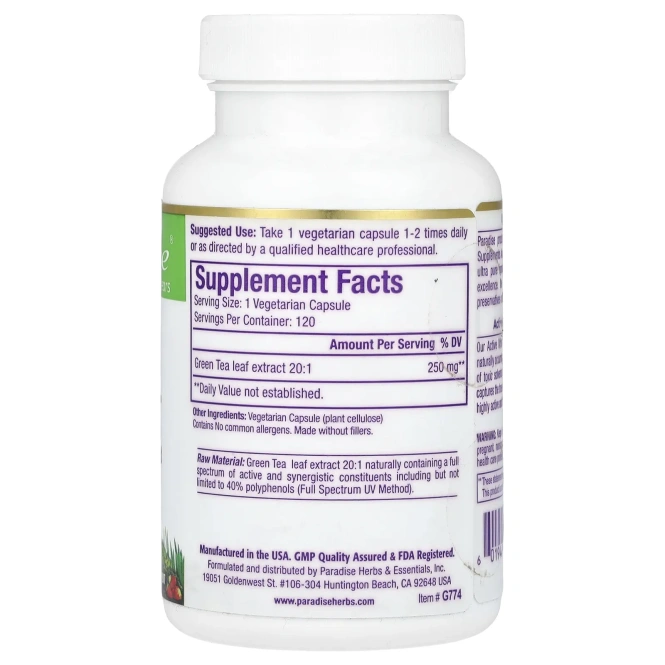 Paradise Herbs, Зеленый чай, 120 вегетарианских капсул