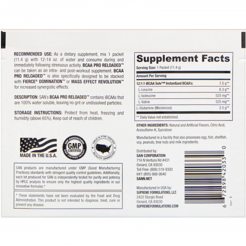 SAN Nutrition, BCAA Pro Reloaded, Hydrosoluble BCAAs, Blue Raspberry, 0.4 oz (11.4 g)