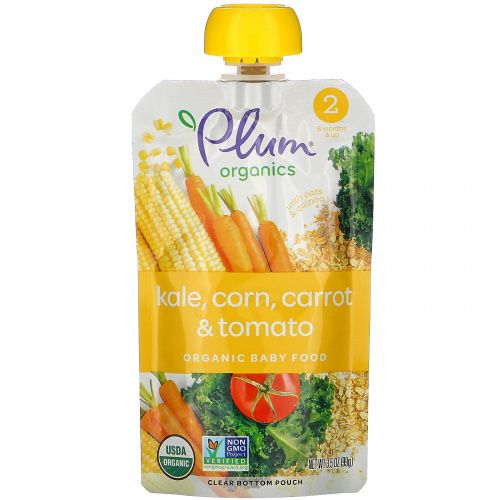 Plum Organics, Organic Baby Food, 6 Months & Up, Kale, Corn, Carrot & Tomato, 6 Pouches, 3.5 oz (99 g) Each