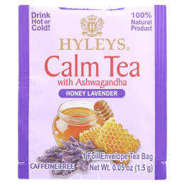 Hyleys Tea, Calm Tea с ашвагандой, медом и лавандой, без кофеина, 25 пакетиков с фольгой, 37,5 г (1,32 унции)