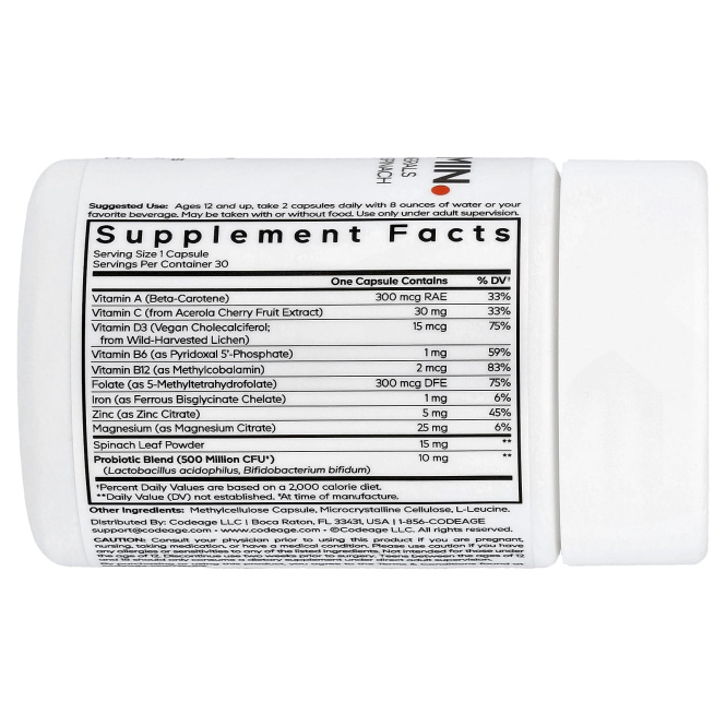 Codeage, Мультивитамины для подростков, 30 растительных капсул