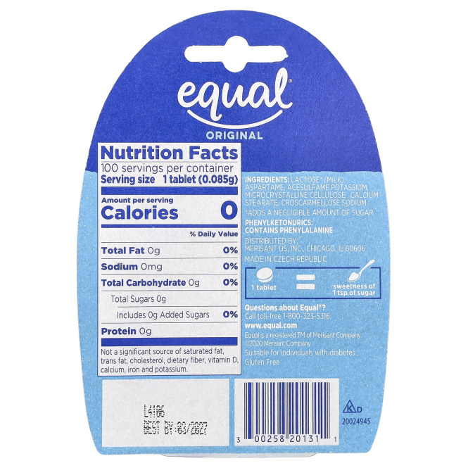 Equal, Нулевой калорийный подсластитель, оригинальный, 100 таблеток