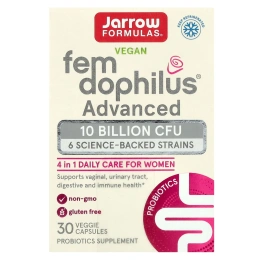 Jarrow Formulas, Vegan Fem Dophilus, улучшенная формула, 10 млрд КОЕ, хранить в холодильнике, 30 вегетарианских капсул