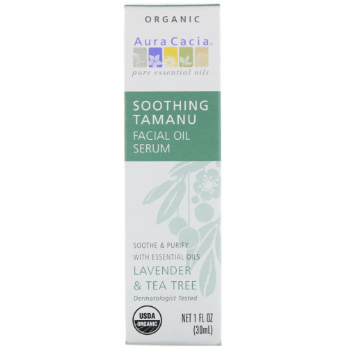 Aura Cacia, Organic Soothing Tamanu Facial Oil Serum, Lavender & Tea Tree, 1 fl oz (30 ml)