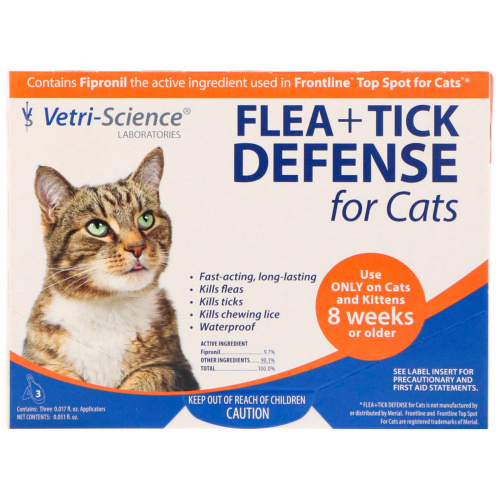VetriScience, Защита от блох и клещей для кошек от 8 недель и старше, 3 аппликатора по 0.017 жидких унций каждый