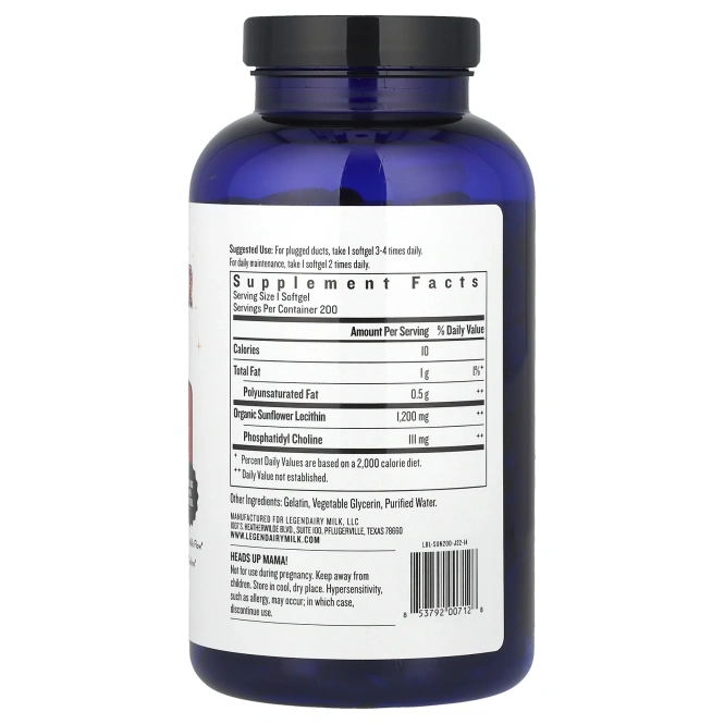 Legendairy Milk, подсолнечный лецитин, 1200 мг, 200 мягких капсул