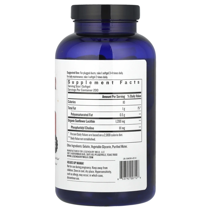 Legendairy Milk, подсолнечный лецитин, 1200 мг, 200 мягких капсул