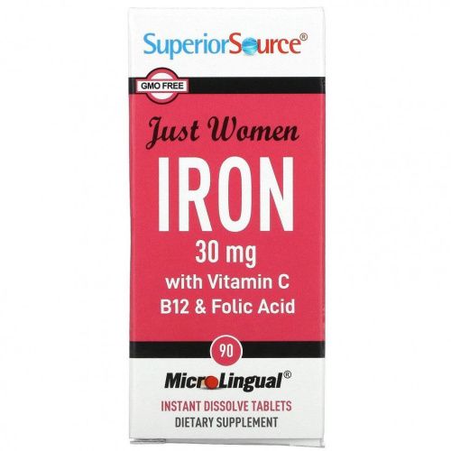 Superior Source, Just Women, железо с витамином C, B12 и фолиевой кислотой, 15 мг, 90 быстрорастворимых таблеток MicroLingual