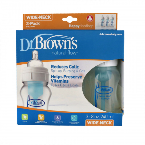 Dr. Brown's, Natural Flow, Wide-Neck, 0 + Months, 3 Pack Bottles, 8 oz (240 ml) Each