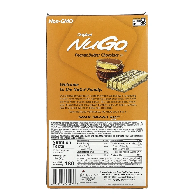 NuGo Nutrition, Оригинальные шоколадные батончики с арахисовой пастой, 15 батончиков, 50 г (1,76 унции)