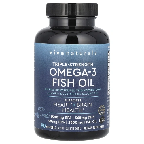 Viva Naturals, рыбий жир с омега-3, тройная сила, 90 капсул