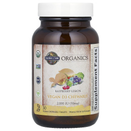Garden of Life, Веган D3, органические жевательные конфеты, малина-лимон, 2000 МЕ, 30 штук