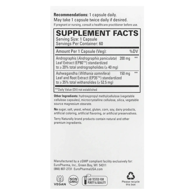 Terry Naturally, Андрографис и ашваганда, 60 капсул