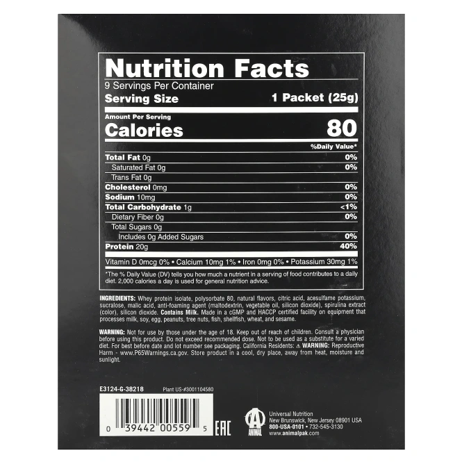 Animal, Прозрачный изолят сыворотки, голубика и асаи, 9 отдельных пакетиков по 25 г (0,05 фунта)