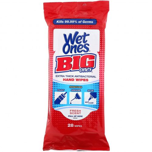 Wet Ones, Big Ones, экстратолстые антибактериальные салфетки для рук, свежий аромат, 28 шт.