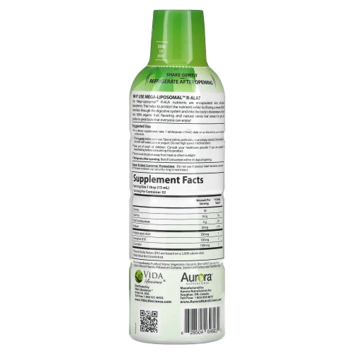 Aurora Nutrascience, Мега липосомальная R-альфа липоевая кислота, органический фруктовый вкус, 750 мг, 480 мл (16 жидк. унций)