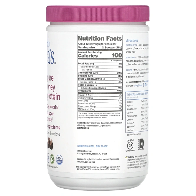 Simply Tera's, Grass Fed, Simply Pure Whey Protein, темный шоколад с какао, полученный по принципу справедливой торговли, 340 г (12 унций)