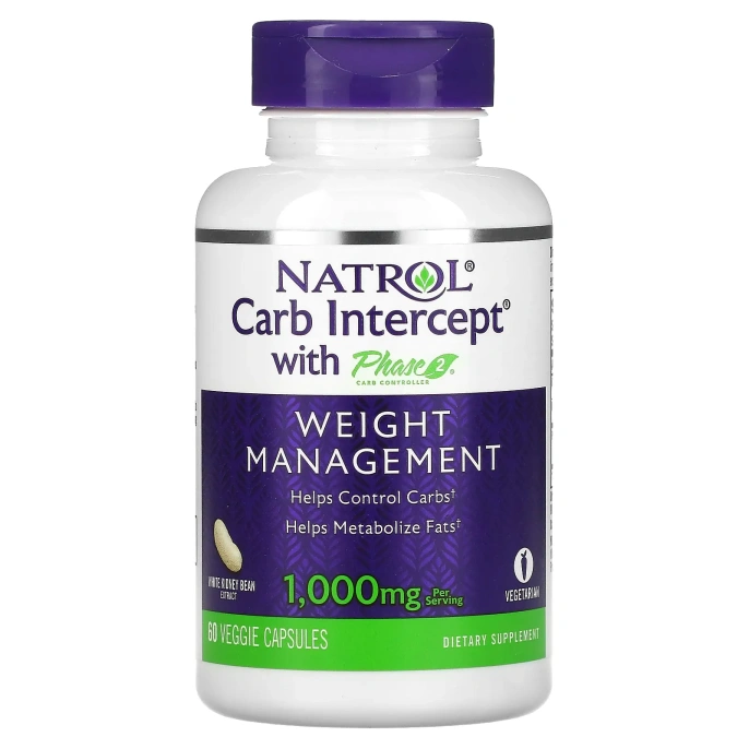 Natrol, Carb Interept, с регулятором углеводов фазы 2, 1000 мг, 60 растительных капсул (500 мг в 1 капсуле)