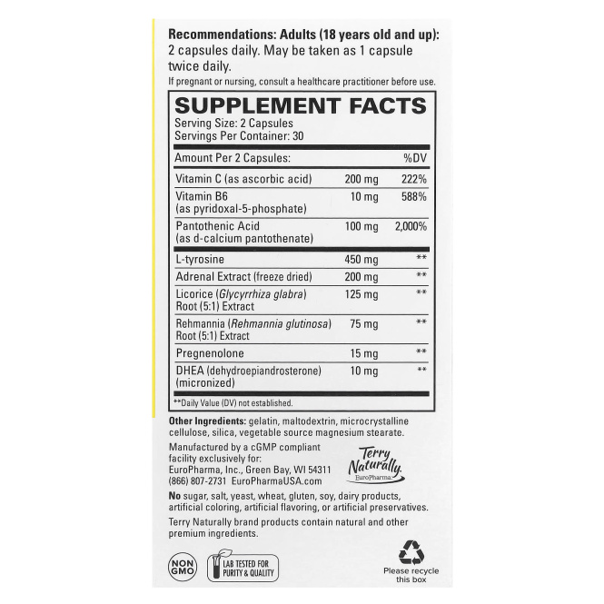 Terry Naturally, Adrenaplex, максимальная поддержка надпочечников, 60 капсул